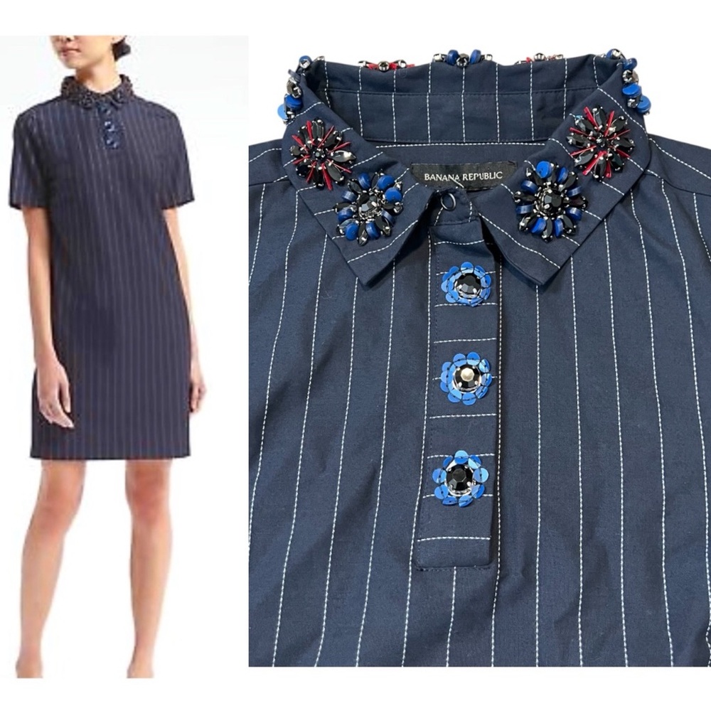 Banana Republic Navy Pinstripe Embellished Collar Shift Dress